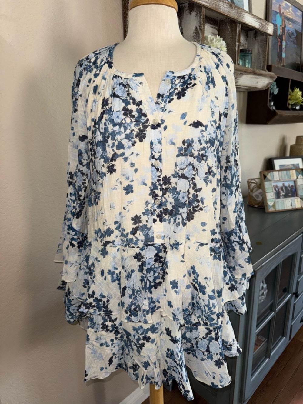 NWOT Maeve By Anthropologie Long-Sleeve V-Neck Mini Swing Dress Blue White Sz 2X - Picture 10 of 16
